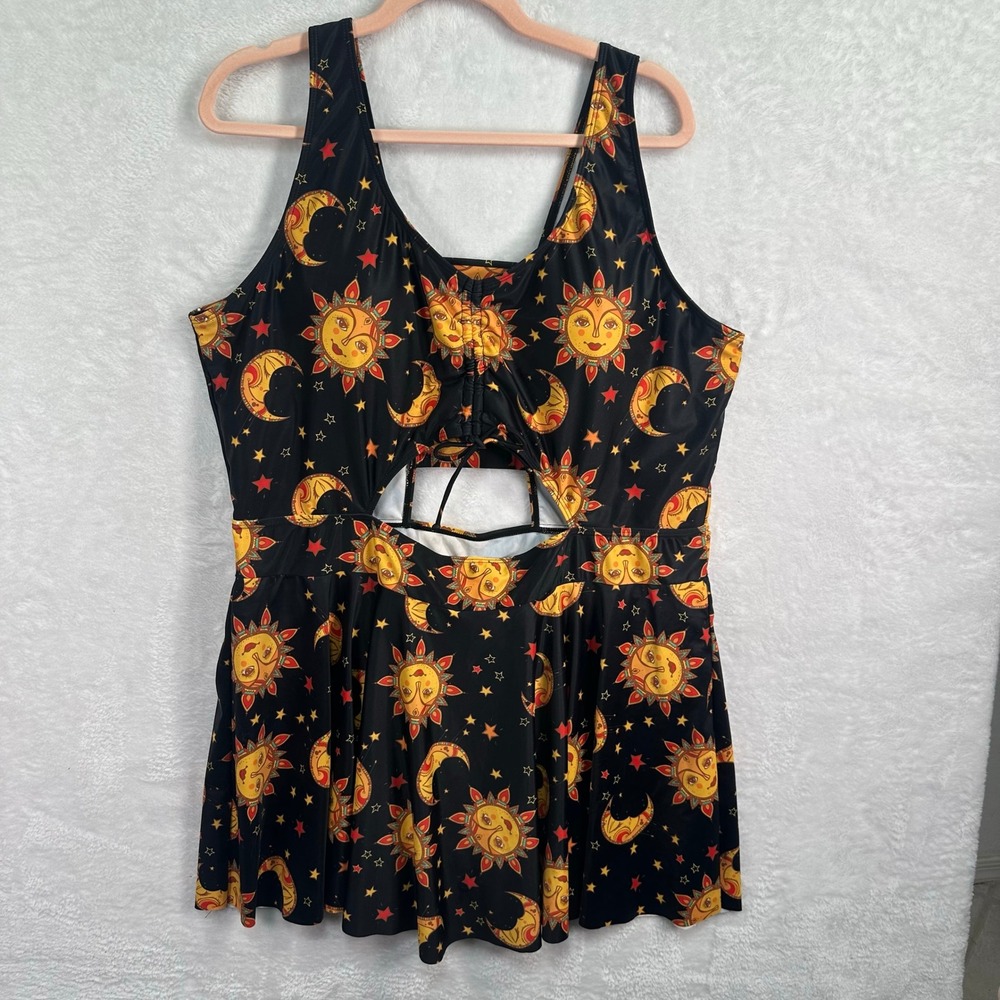 ESPRLIA Swimdress Womens 5XL Black Celestial Sun Moon Stars Cutout Skirted